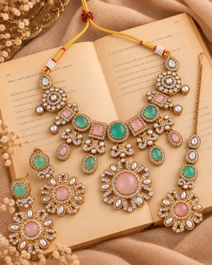 Pastel Mitalika Premium Sabya Inspired Necklace Set with Earring & Teeka
