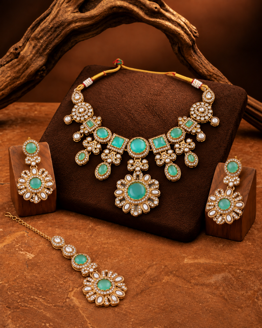 Mint Mitalika Premium Sabya Inspired Necklace Set with Earring & Teeka