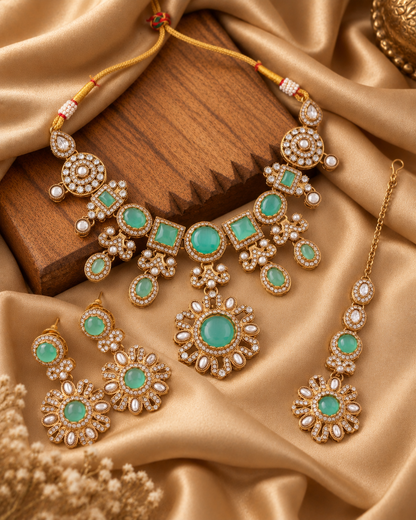 Mint Mitalika Premium Sabya Inspired Necklace Set with Earring & Teeka