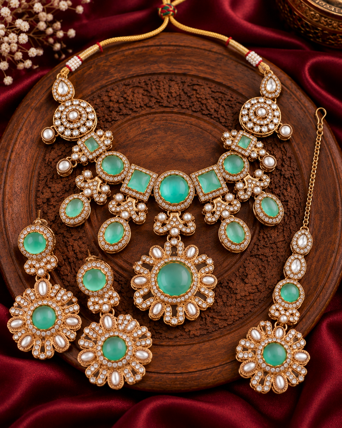Mint Mitalika Premium Sabya Inspired Necklace Set with Earring & Teeka