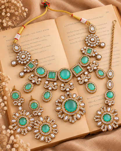 Mint Mitalika Premium Sabya Inspired Necklace Set with Earring & Teeka