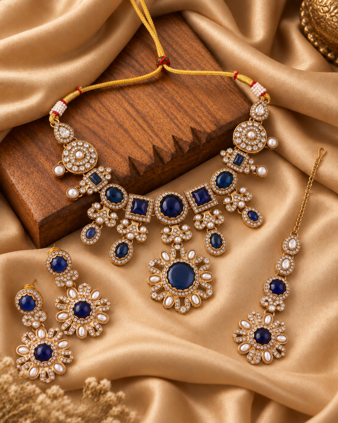 Blue Mitalika Premium Sabya Inspired Necklace Set with Earring & Teeka