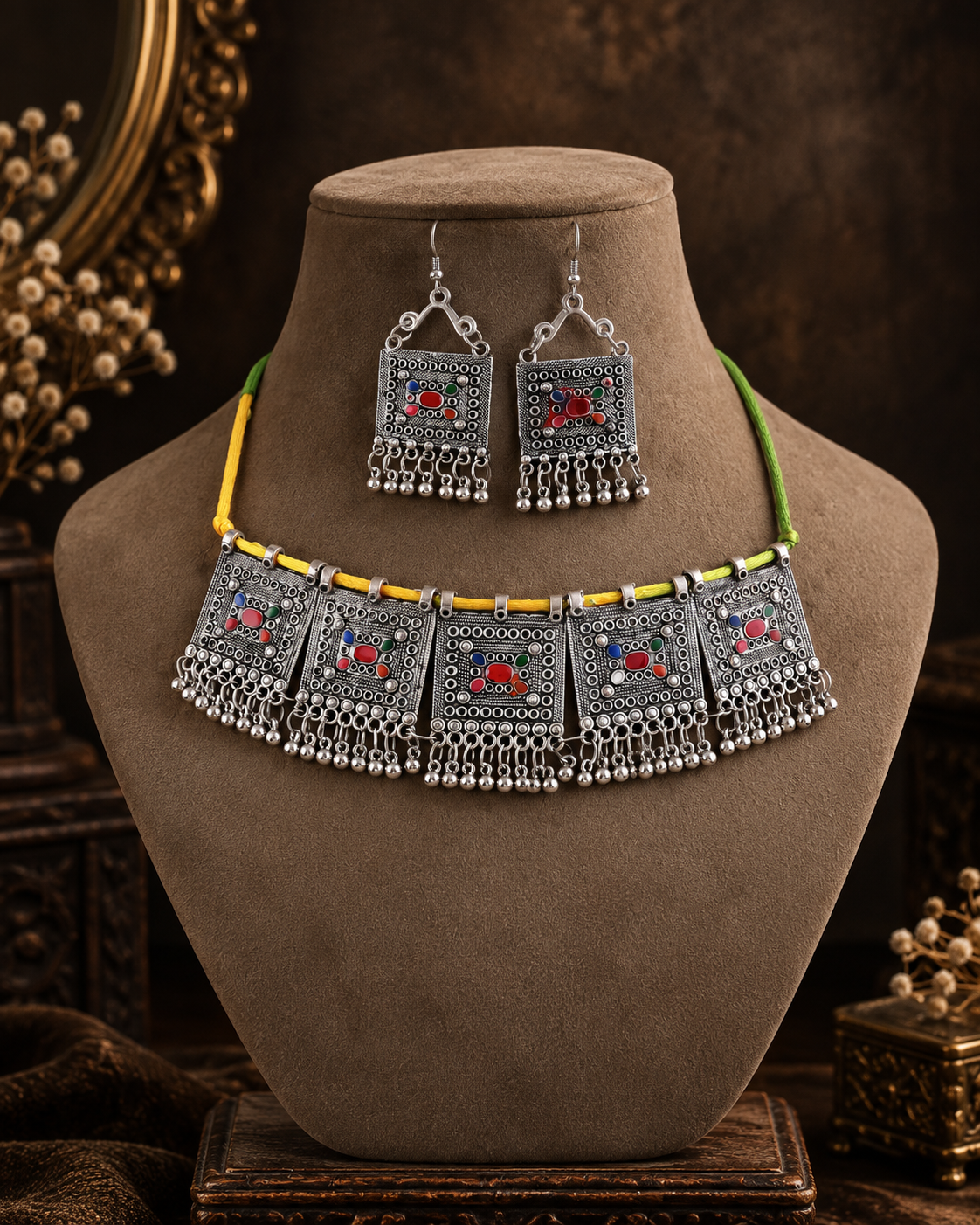 Multi Avira Oxidised Choker & Earring Set