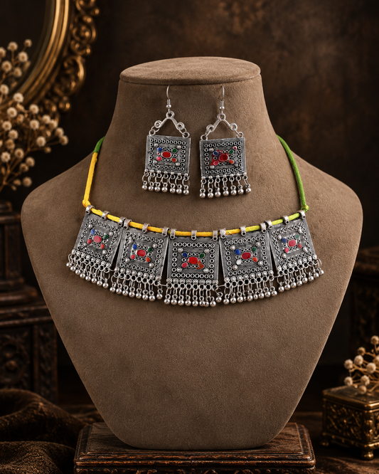 Multi Avira Oxidised Choker & Earring Set