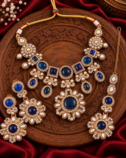 Blue Mitalika Premium Sabya Inspired Necklace Set with Earring & Teeka