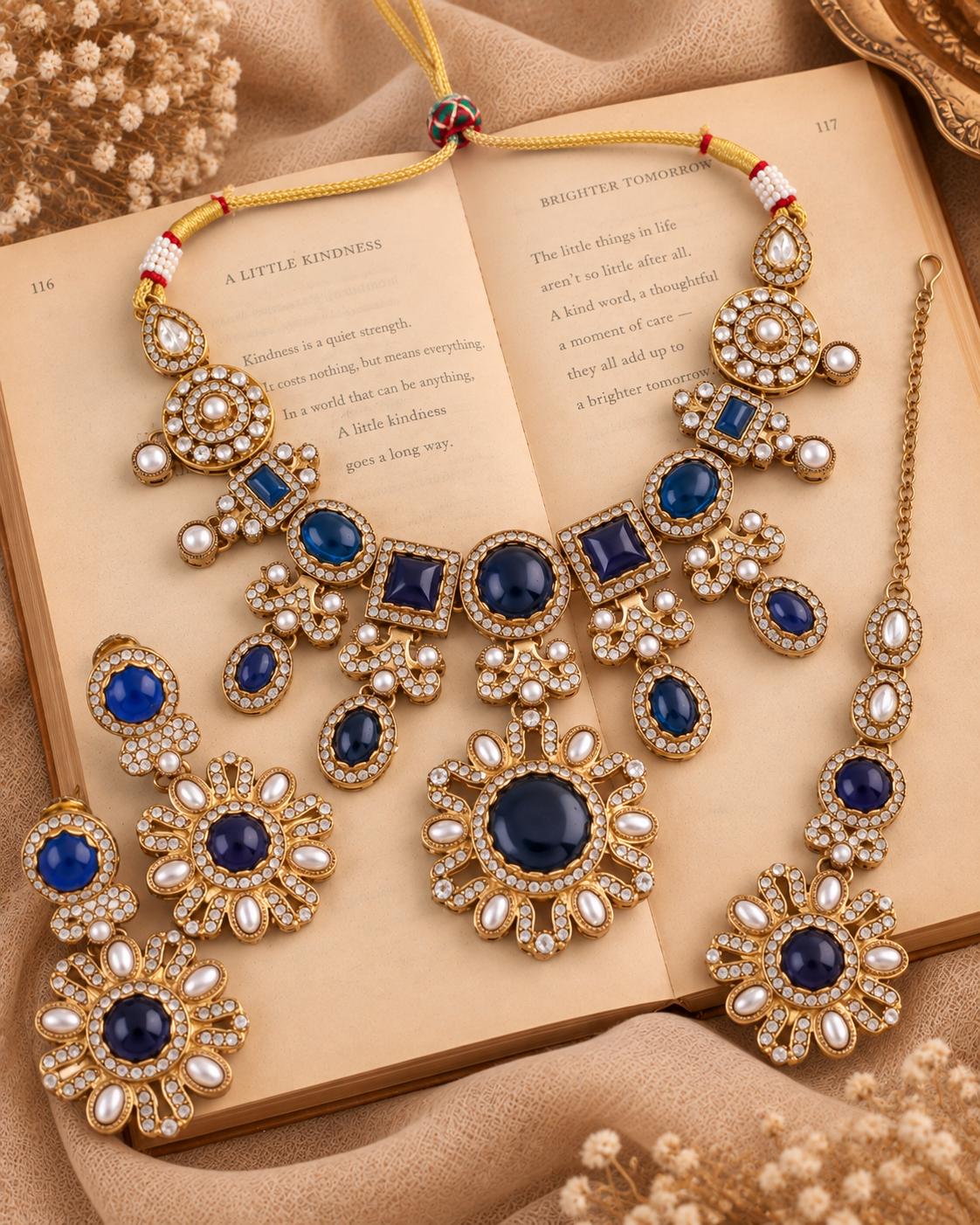 Blue Mitalika Premium Sabya Inspired Necklace Set with Earring & Teeka