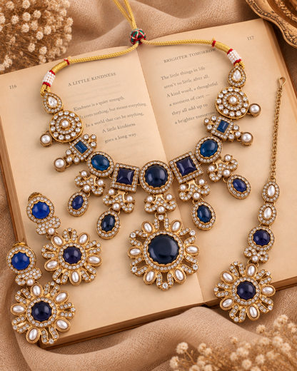 Blue Mitalika Premium Sabya Inspired Necklace Set with Earring & Teeka