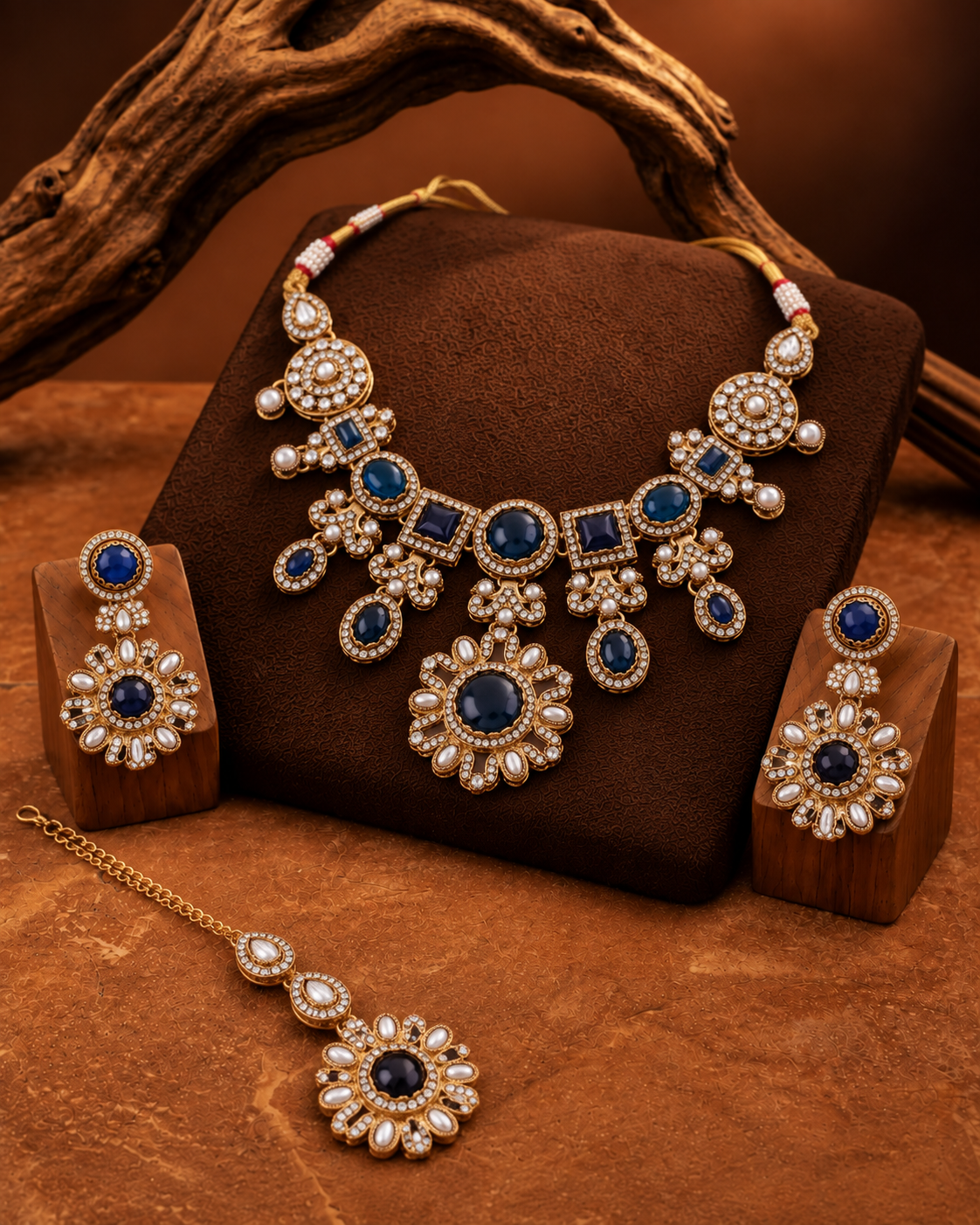 Blue Mitalika Premium Sabya Inspired Necklace Set with Earring & Teeka