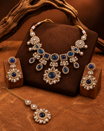 Blue Mitalika Premium Sabya Inspired Necklace Set with Earring & Teeka