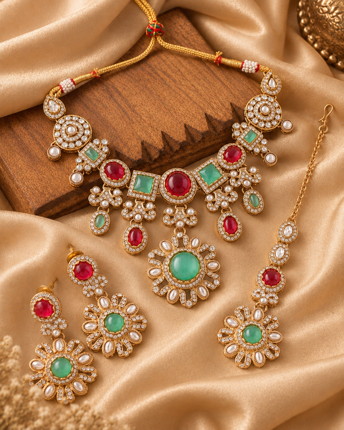 Ruby Mint Mitalika Premium Sabya Inspired Necklace Set with Earring & Teeka