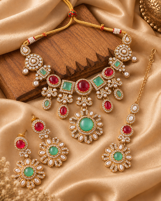 Ruby Mint Mitalika Premium Sabya Inspired Necklace Set with Earring & Teeka