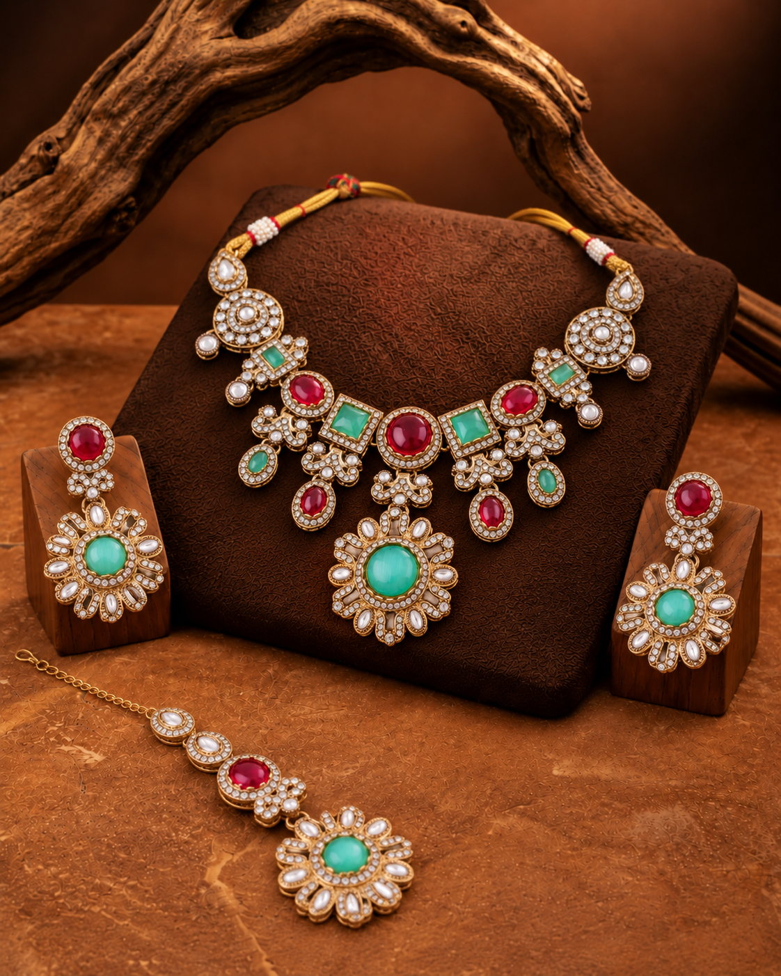 Ruby Mint Mitalika Premium Sabya Inspired Necklace Set with Earring & Teeka