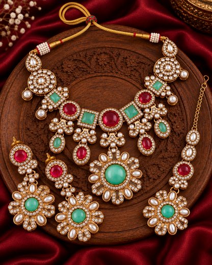 Ruby Mint Mitalika Premium Sabya Inspired Necklace Set with Earring & Teeka