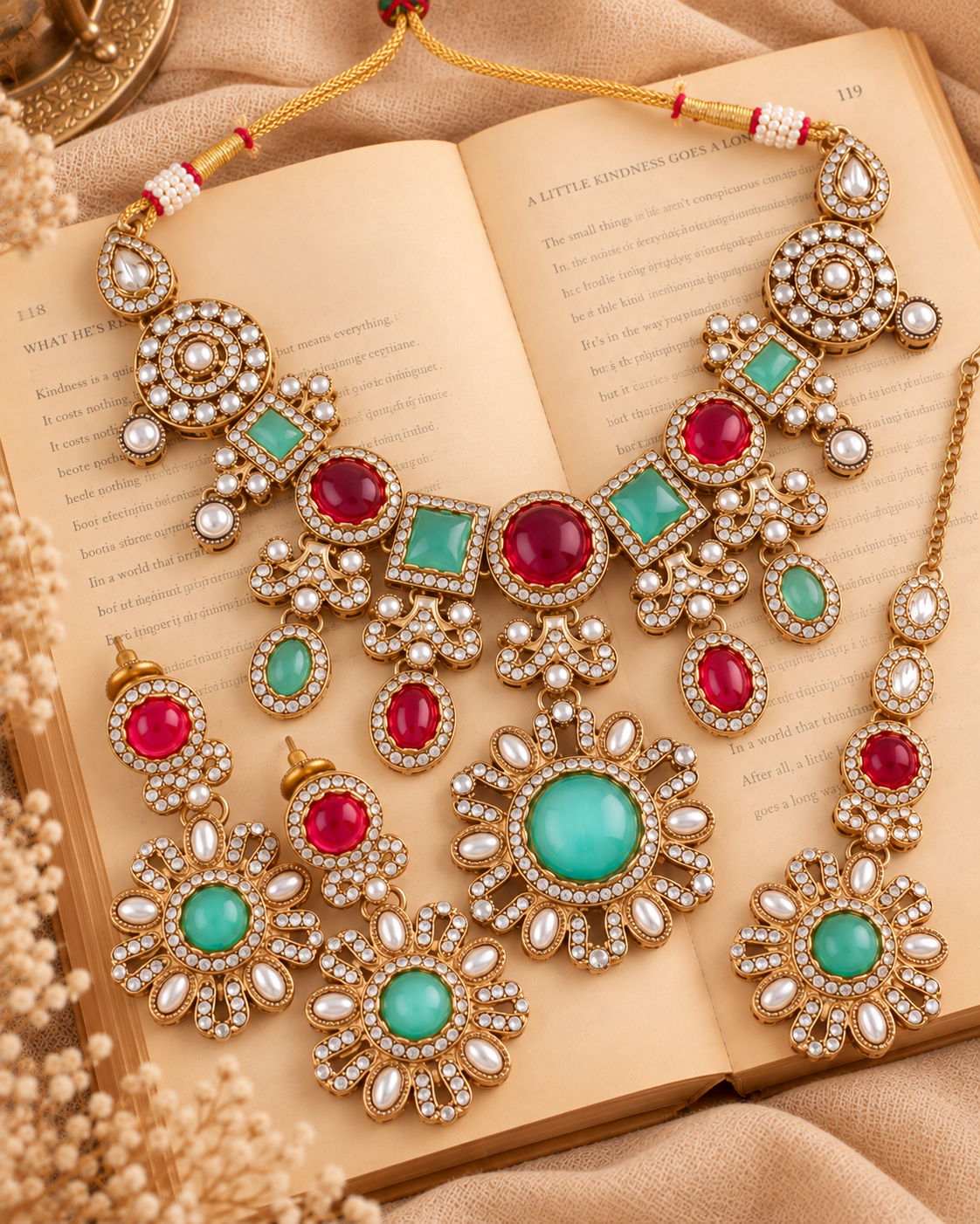 Ruby Mint Mitalika Premium Sabya Inspired Necklace Set with Earring & Teeka