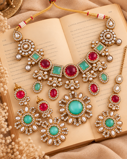 Ruby Mint Mitalika Premium Sabya Inspired Necklace Set with Earring & Teeka