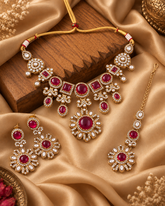 Ruby Mitalika Premium Sabya Inspired Necklace Set with Earring & Teeka
