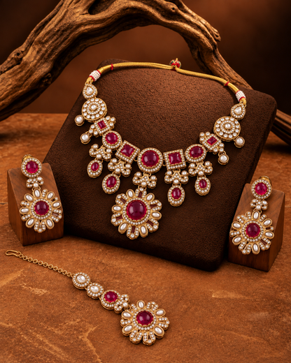 Ruby Mitalika Premium Sabya Inspired Necklace Set with Earring & Teeka