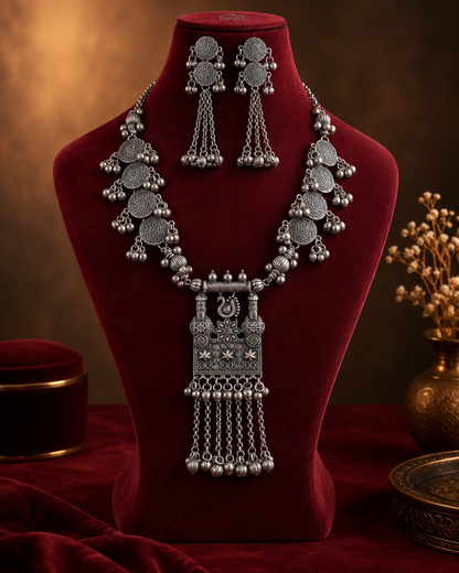 Silver Naisha Oxidised Necklace & Earring Set