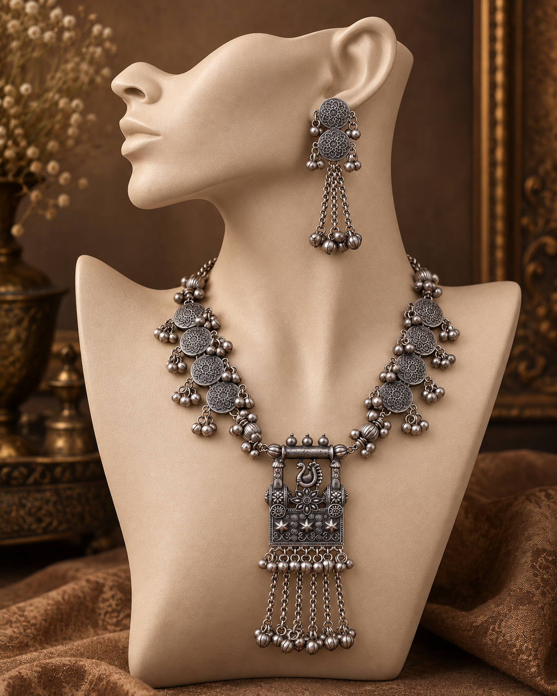 Silver Naisha Oxidised Necklace & Earring Set