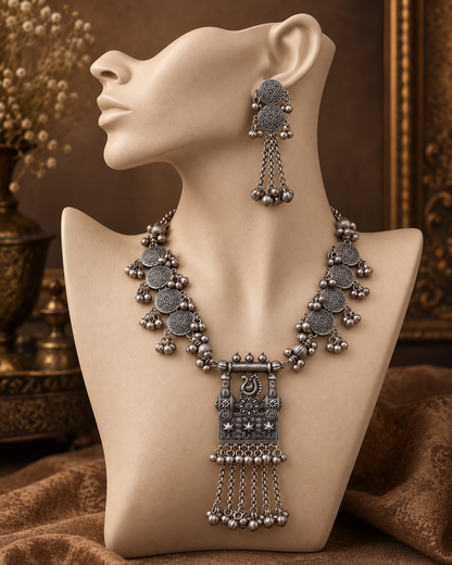 Silver Naisha Oxidised Necklace & Earring Set