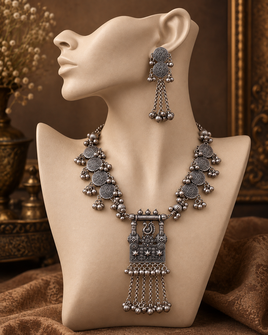 Silver Naisha Oxidised Necklace & Earring Set