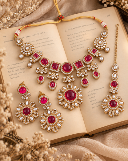 Ruby Mitalika Premium Sabya Inspired Necklace Set with Earring & Teeka