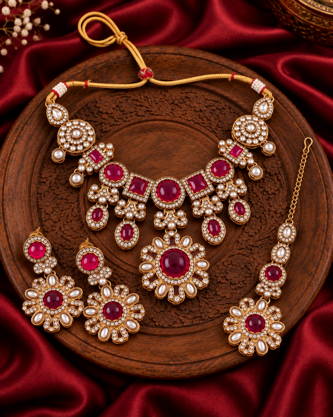 Ruby Mitalika Premium Sabya Inspired Necklace Set with Earring & Teeka