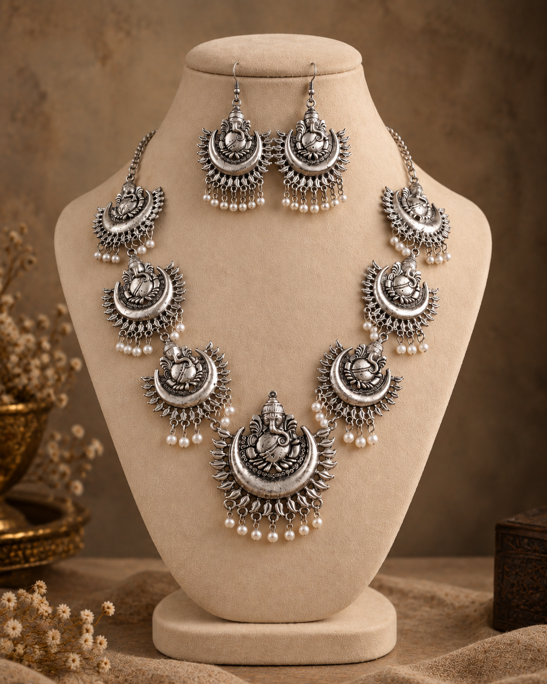 Silver Ayana Oxidised Ganesha Necklace & Earring Set
