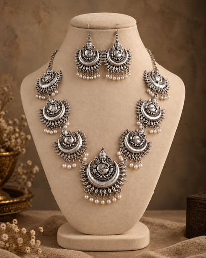 Silver Ayana Oxidised Ganesha Necklace & Earring Set