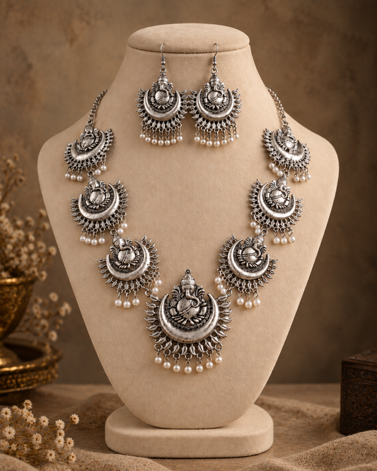 Silver Ayana Oxidised Ganesha Necklace & Earring Set