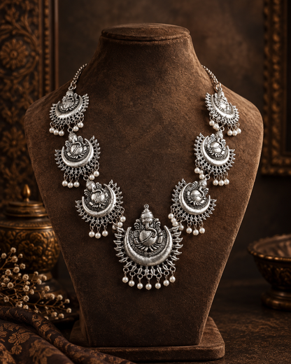 Silver Ayana Oxidised Ganesha Necklace & Earring Set