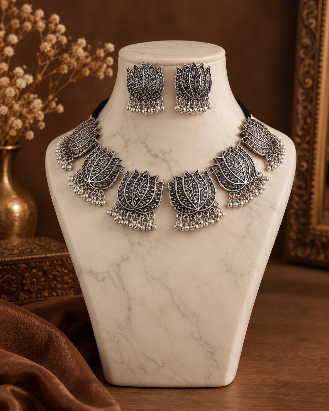 Silver Sanaa Oxidised Necklace & Earring Set
