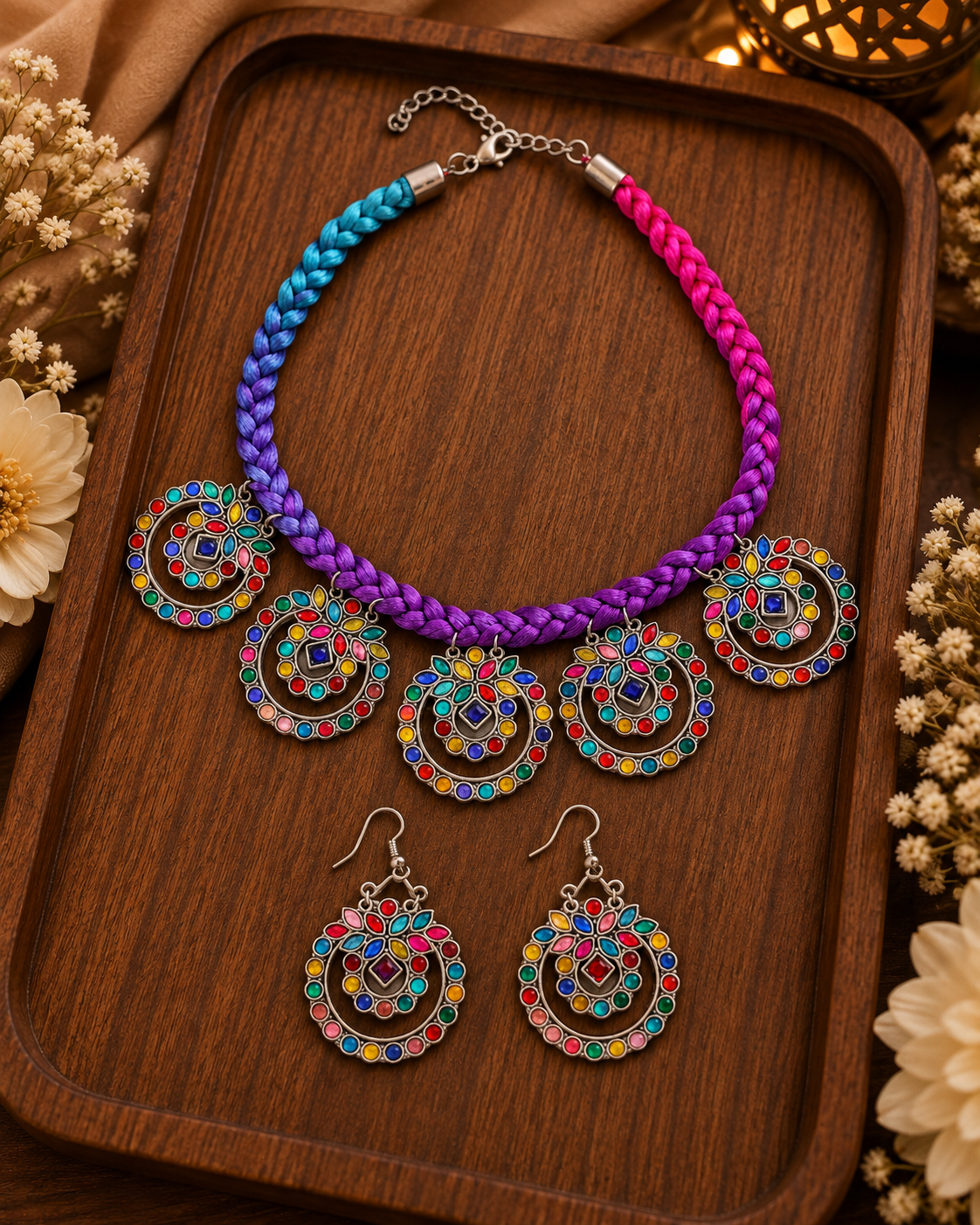 Multi Vaira Oxidised Necklace & Earring Set