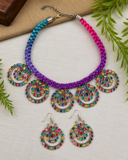 Multi Vaira Oxidised Necklace & Earring Set
