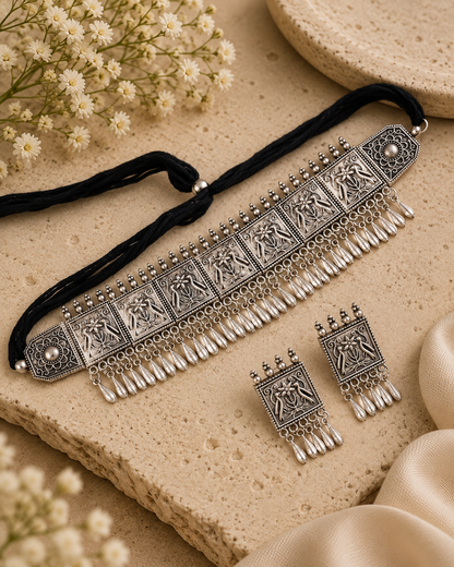 Silver Zelia Oxidised Choker & Earring Set