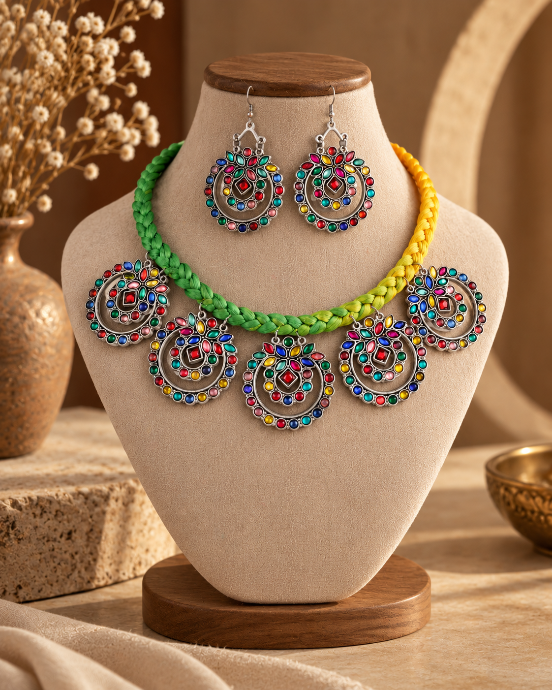 Neon Multi Vaira Oxidised Necklace & Earring Set