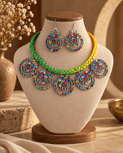 Neon Multi Vaira Oxidised Necklace & Earring Set