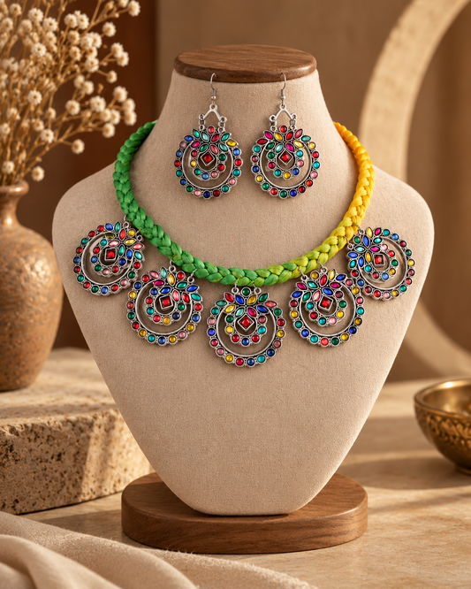 Neon Multi Vaira Oxidised Necklace & Earring Set