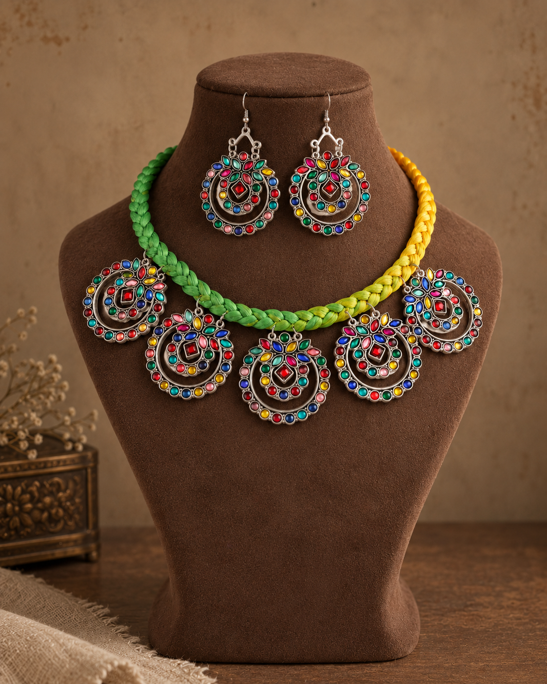 Neon Multi Vaira Oxidised Necklace & Earring Set
