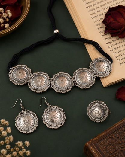 Silver Lavina Oxidised Necklace Set With Earrings & Ring