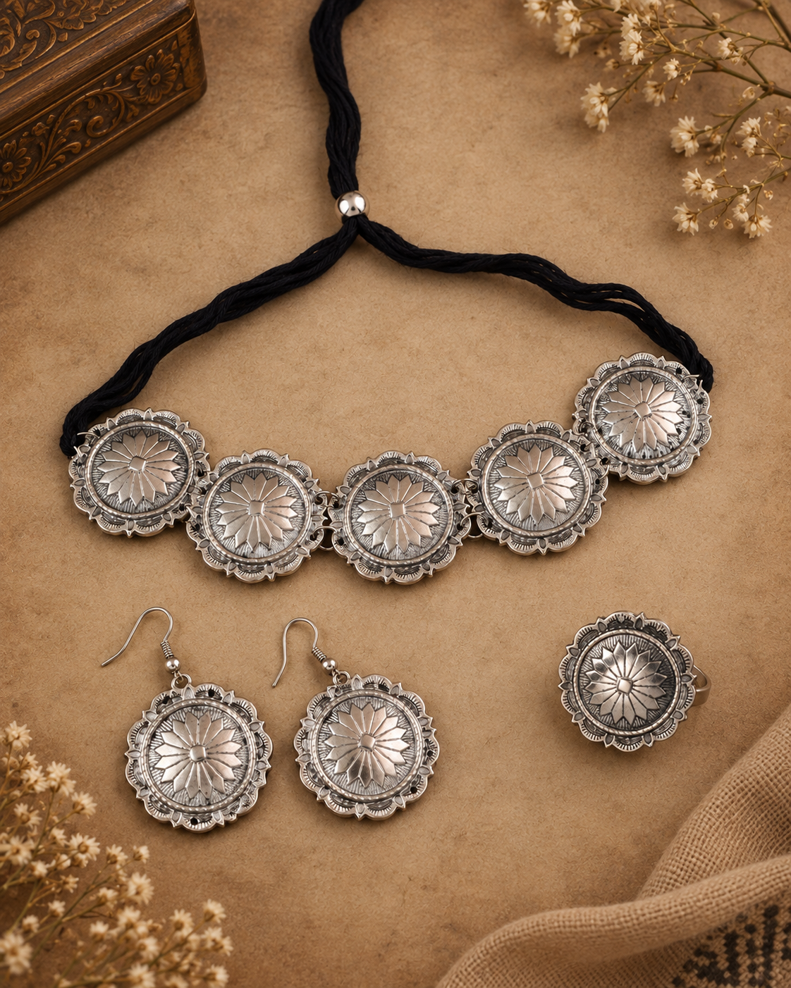 Silver Lavina Oxidised Necklace Set With Earrings & Ring