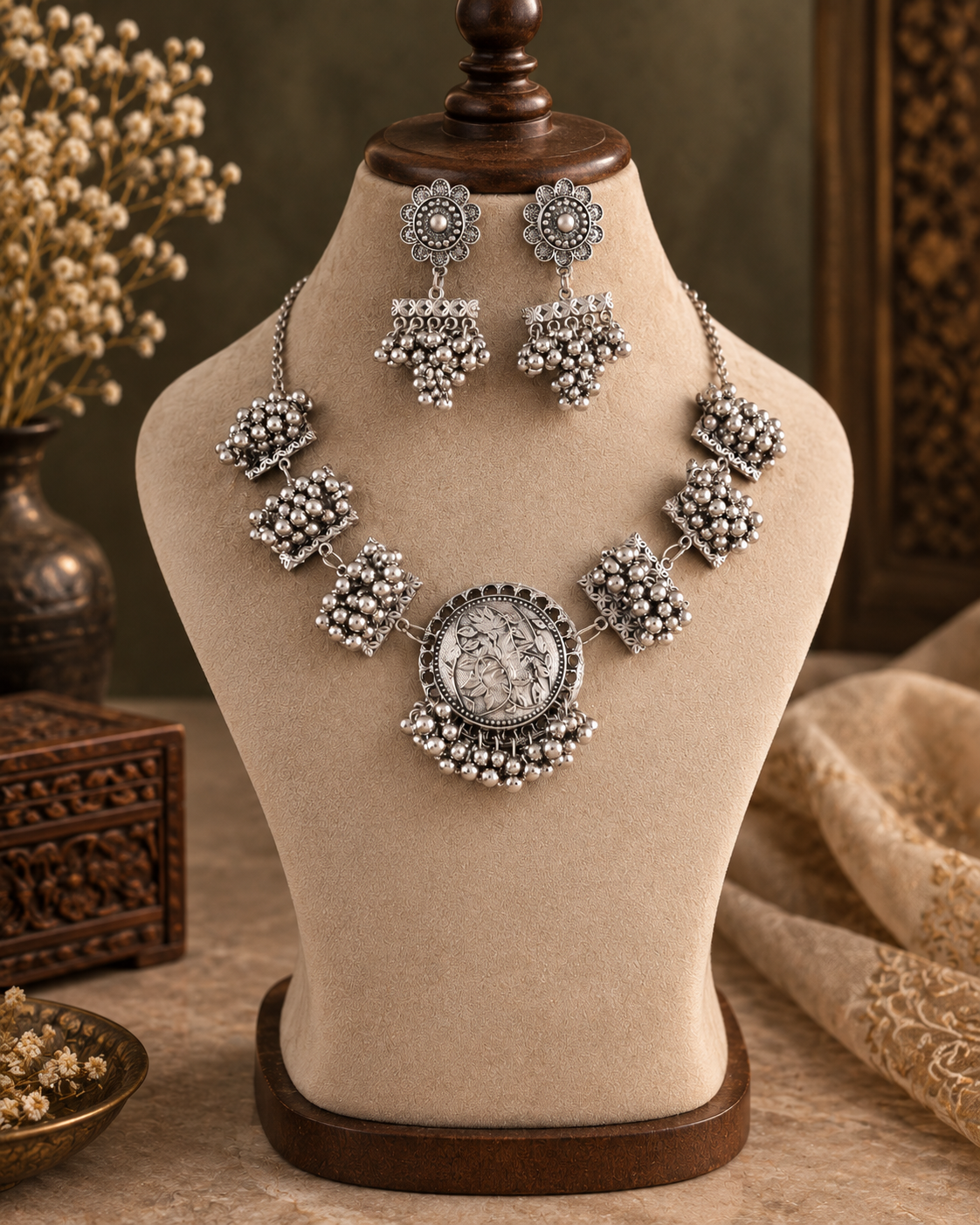 Silver Ridhima Oxidised Necklace & Earrings Set