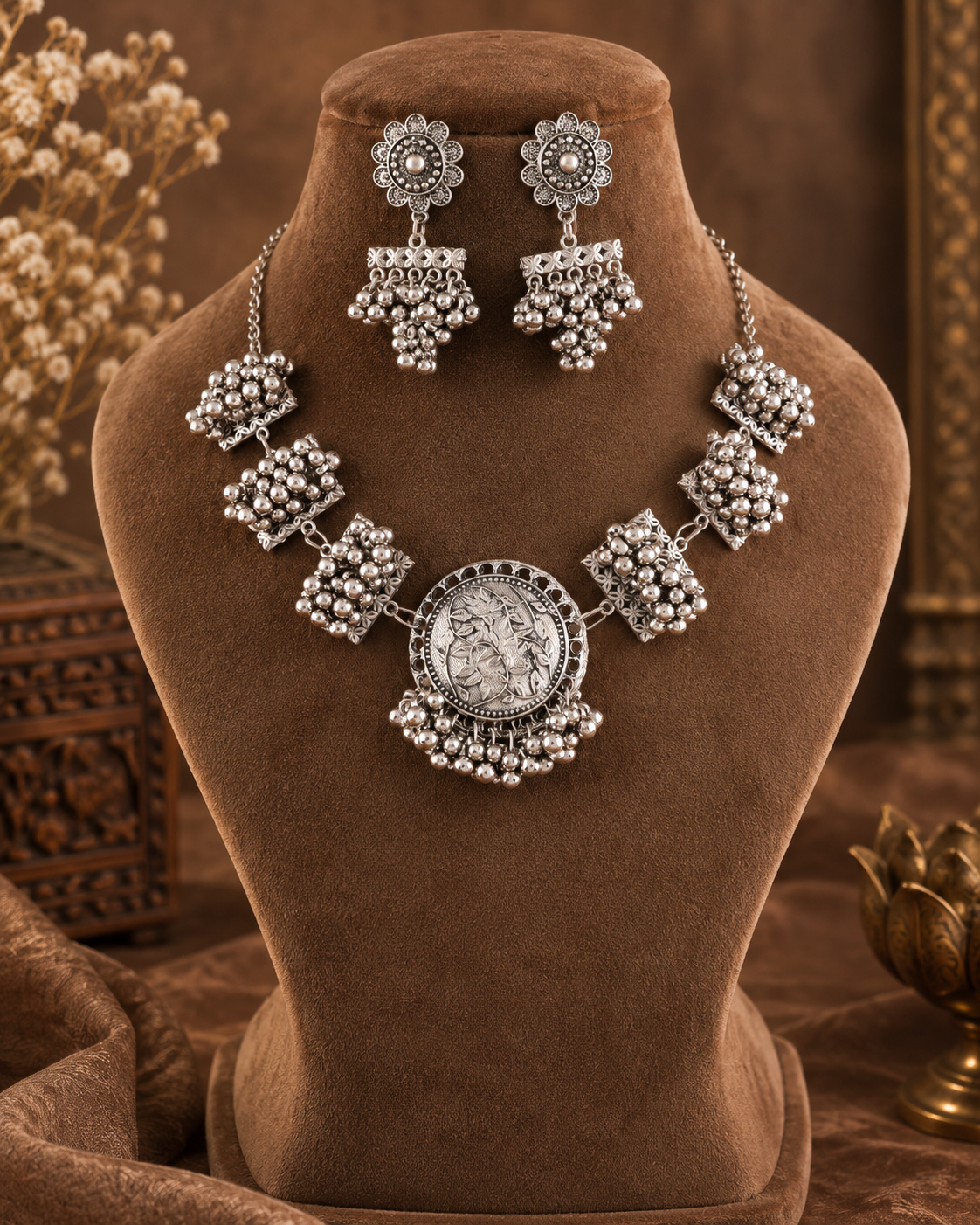 Silver Ridhima Oxidised Necklace & Earrings Set