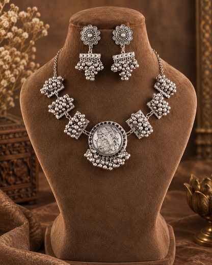 Silver Ridhima Oxidised Necklace & Earrings Set