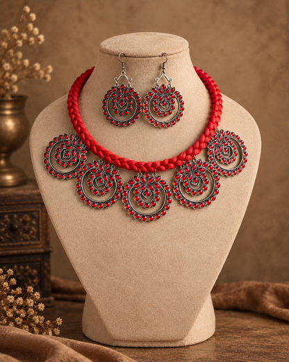 Red Vaira Oxidised Necklace & Earring Set
