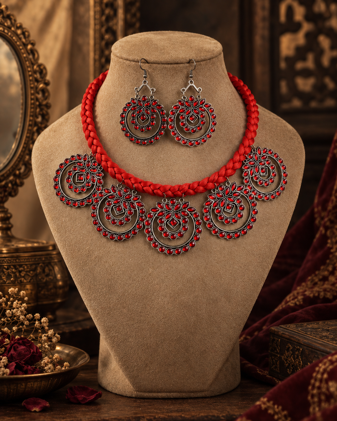 Red Vaira Oxidised Necklace & Earring Set