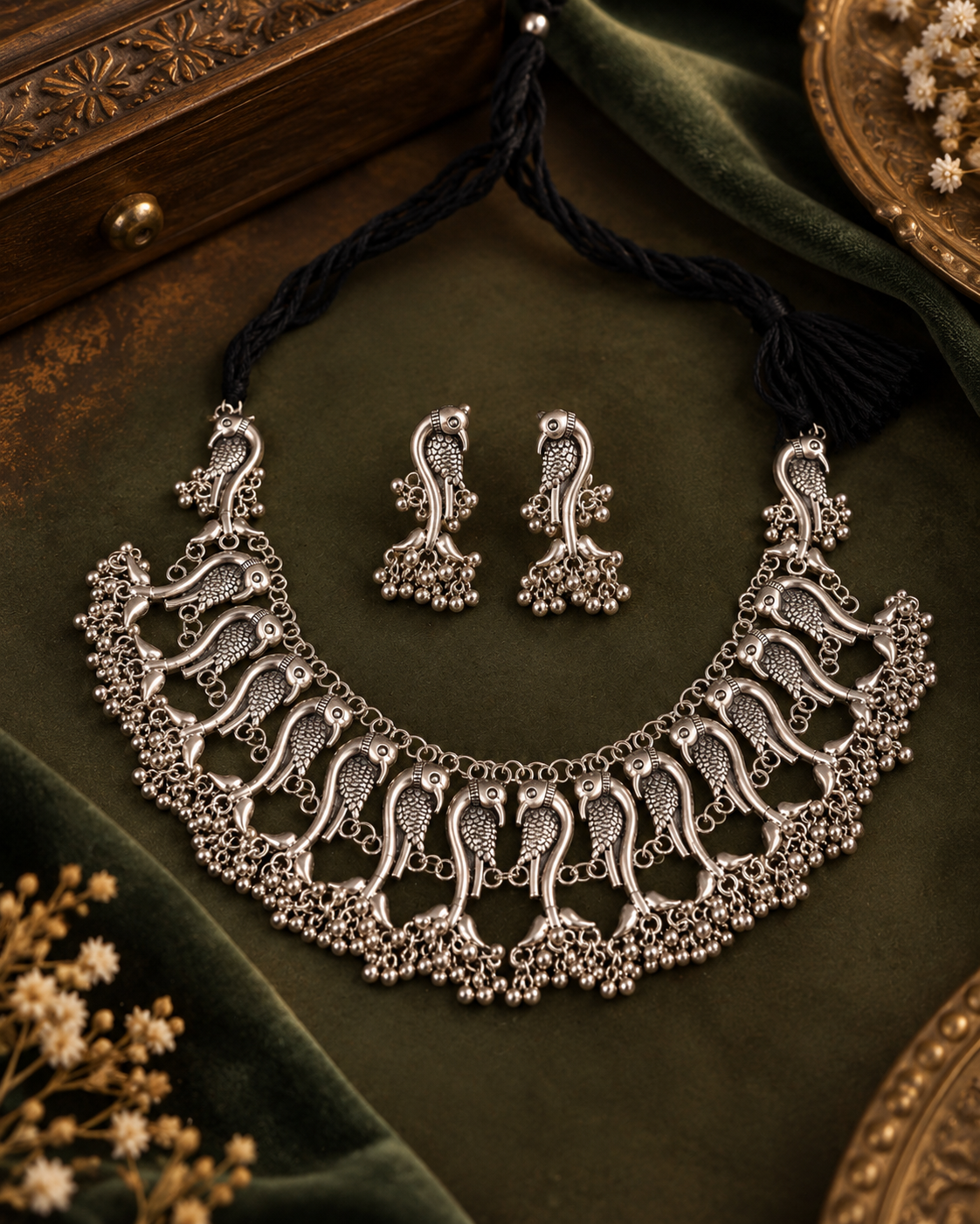 Silver Tanisha Oxidised Necklace Set with Earrings