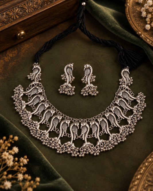 Silver Tanisha Oxidised Necklace Set with Earrings