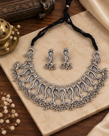 Silver Tanisha Oxidised Necklace Set with Earrings