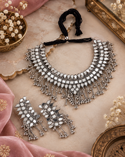 Silver Eshaan Oxidised Necklace With Earring Set